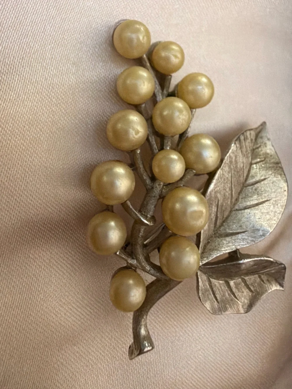 Signed Crown Trifari Silver Faux Pearl Grape Cluster Brooch Pin